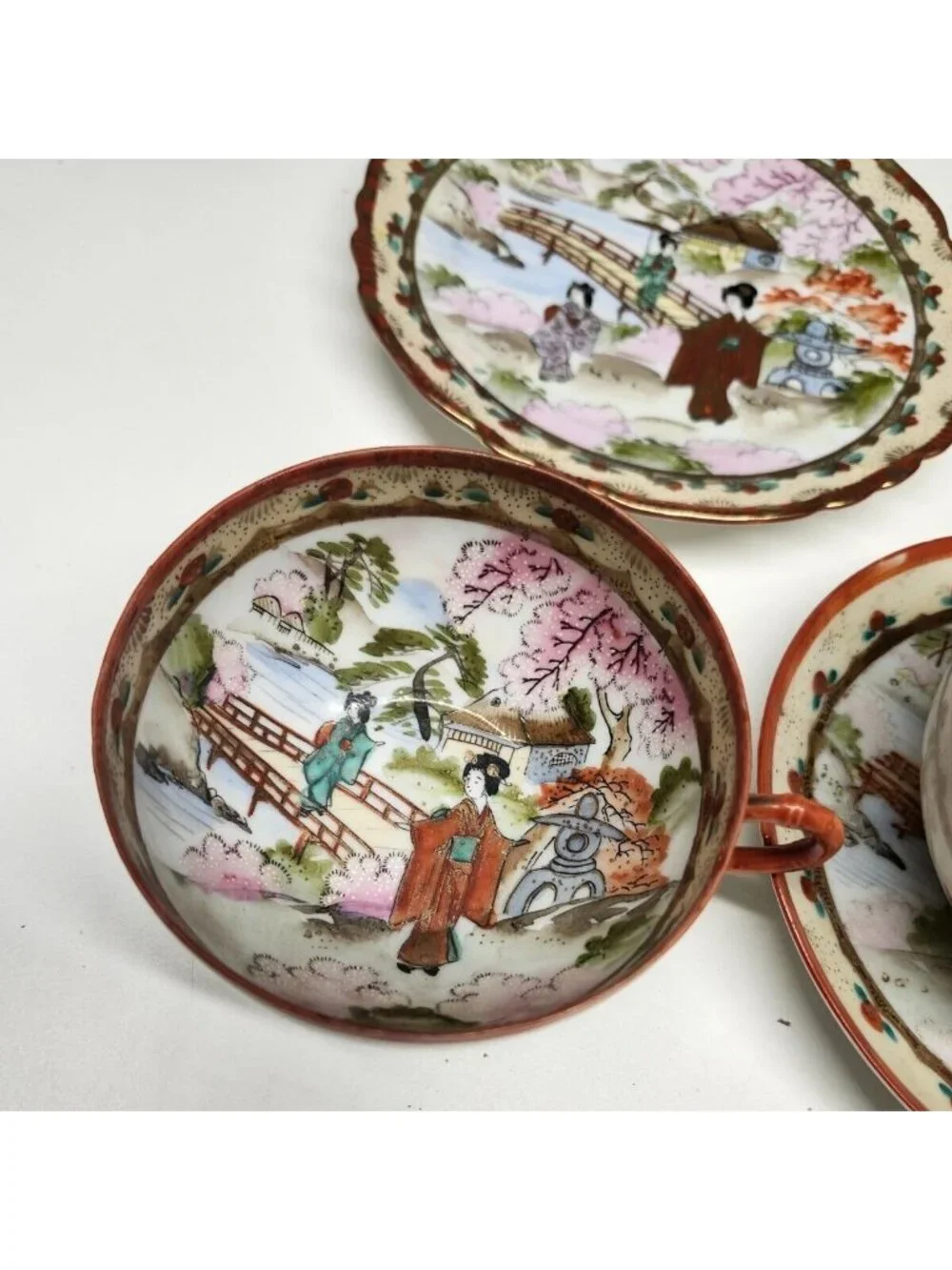 Japanese Moriage Porcelain Teacup & Plate Set Hand Painted Gorgeous Gold Gilt Vi